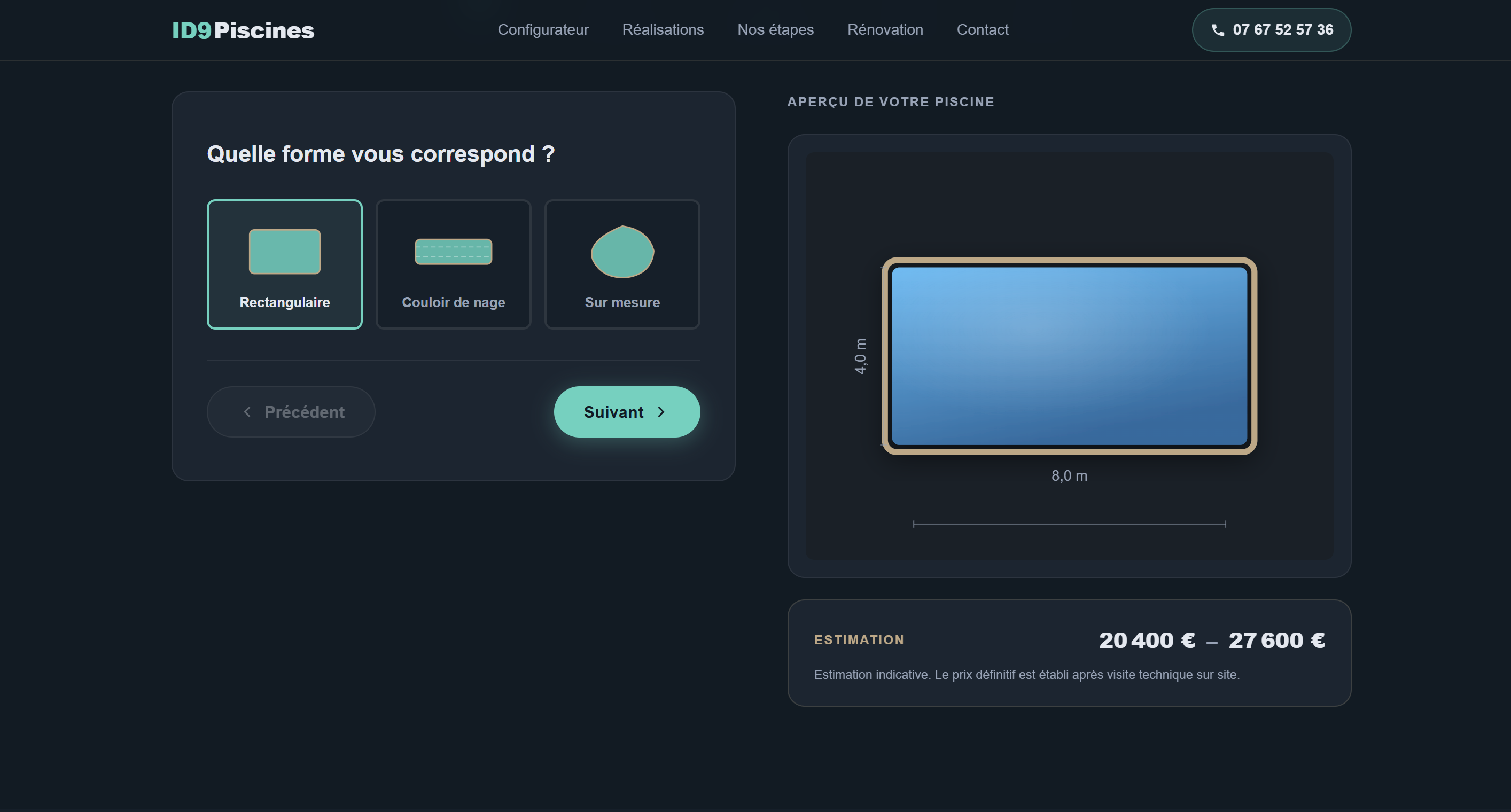 Site ID9 Piscines — configurateur en ligne avec estimation en direct